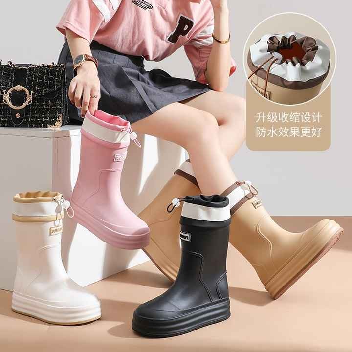 Women Chunky Sole Waterproof Ankle Rain Boots Trendy Korean Style Anti-Slip Outdoor Short Boots for All Seasons